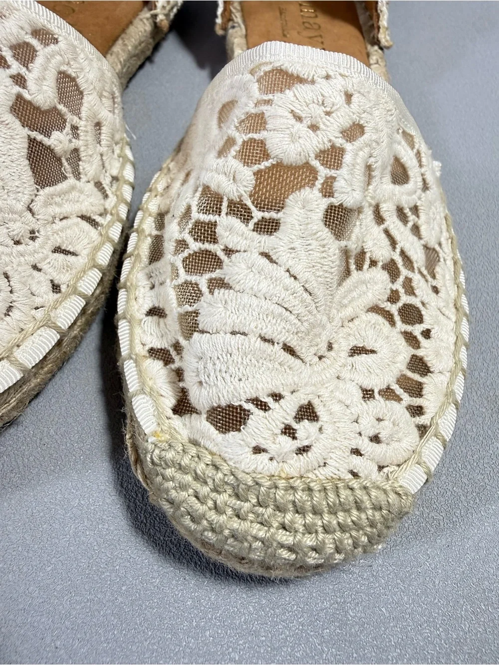 MAYPOL Anthropologie Cream Crochet Lace Ankle Tie Espadrille Flats